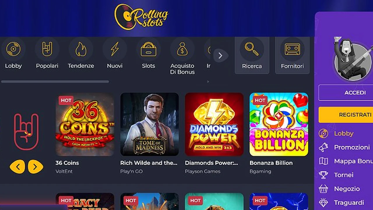 Rolling Slots — schermata del sito Curacao (Rabidi N.V.)